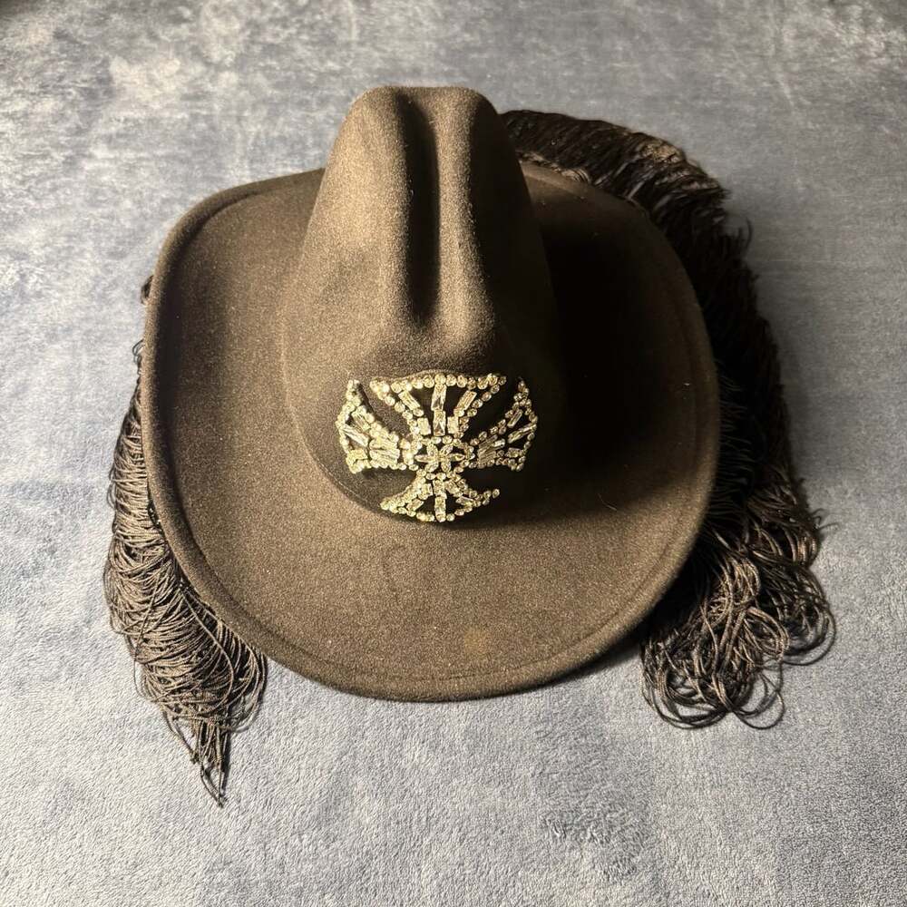 Akira Black Felt Cowboy Hat with Crystal Cross Embellishment and Fringe